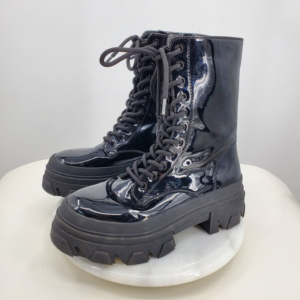 Rouge Helium Black Patent Combat Boots Chunky Lug Platform Lace Up 8 Goth Grunge